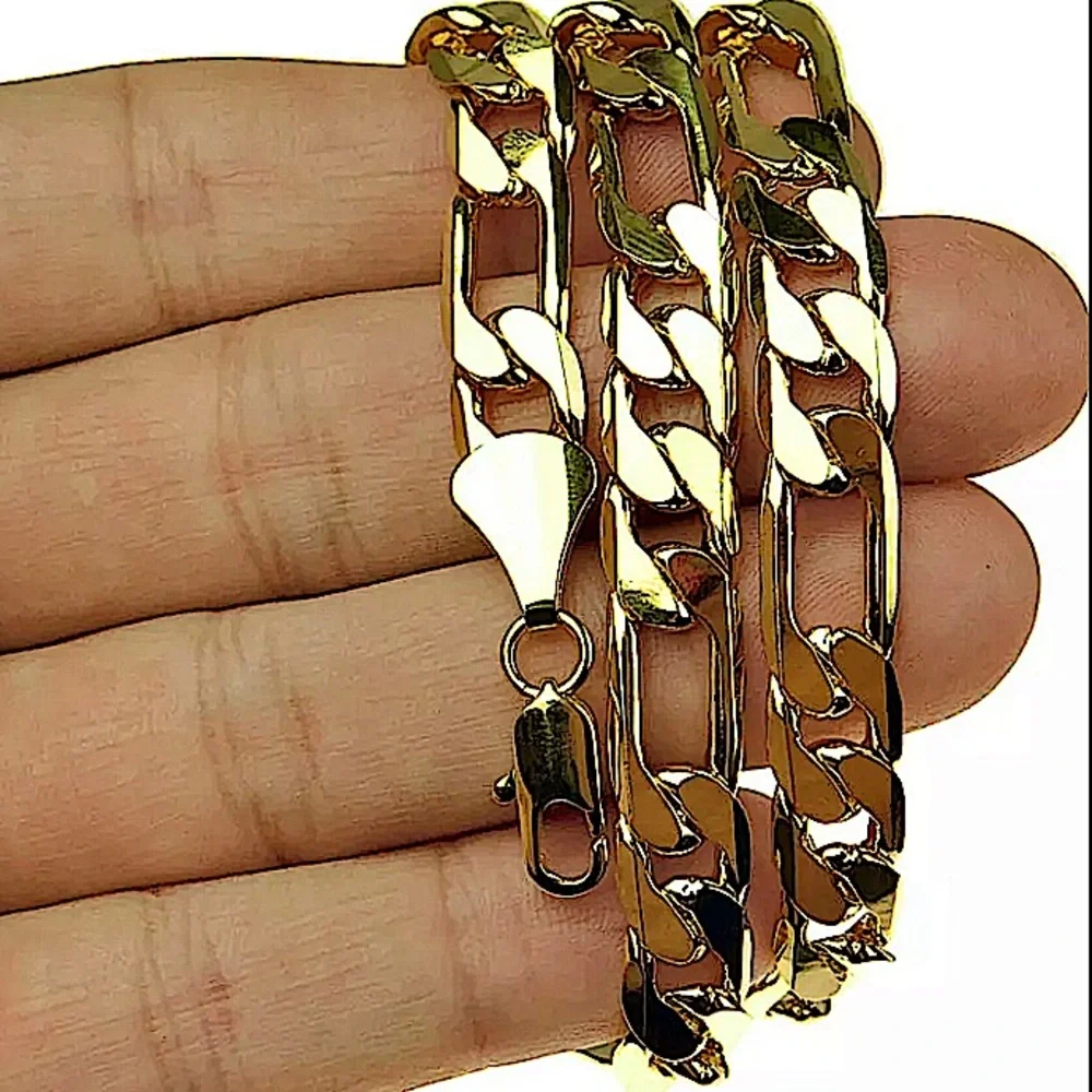 18K GOLD PLATED CUBAN FIGARO CHAIN LINK UNISEX NECKLACE BRACELET SET - Picture 9 of 14